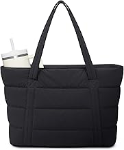 Narwey Puffer Tote Bag for Women with Cup Holder & Laptop Compartments, Quilted Puffy Travel Work Tote Bags for Nurse Teacher