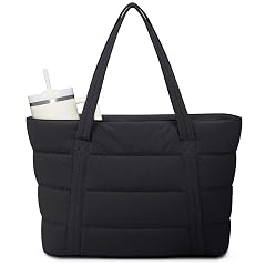 Narwey Puffer Tote Bag for Women with Cup Holder Laptop Compartments Quilted Puffy Travel Work Tote Bags for