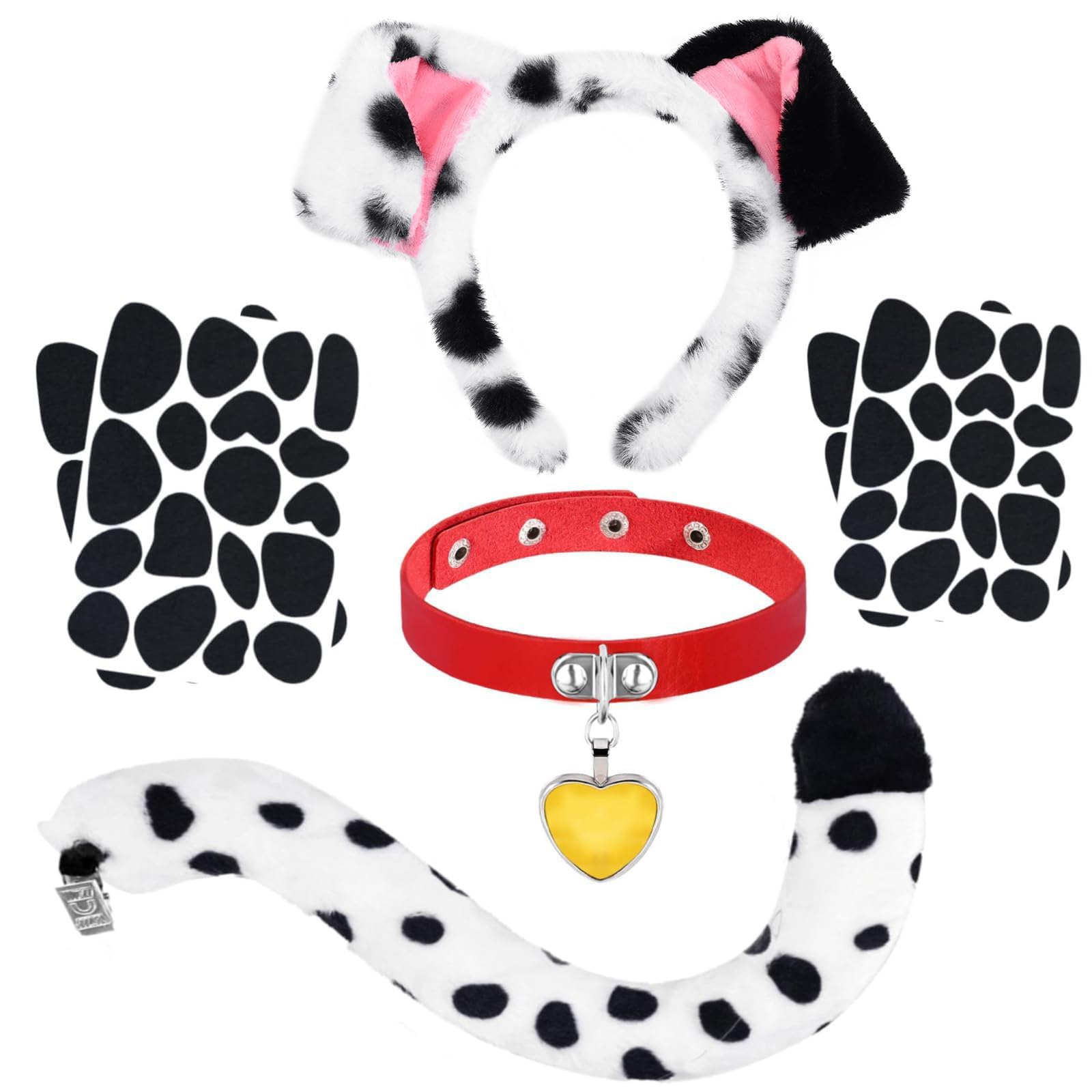 Dalmatian Dog Costume Accessories Set Include Dalmatian Dog Ears Headband Red Heart Choker Sticks Puppy Dog Tail for World Book Cosplay Party Supplies (Style2)
