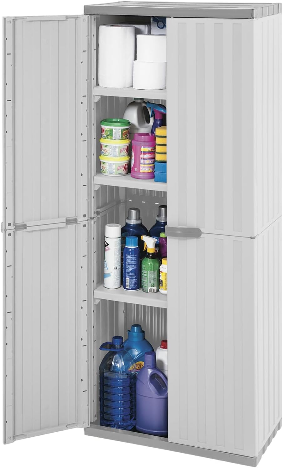 Plastic Storage Cabinet Large Tall Container, 2 Doors and 4 Levels,Garage Bin Tool Organizer, Strong and Sturdy, Outdoors Resistant, Gray 4 Levels Grey