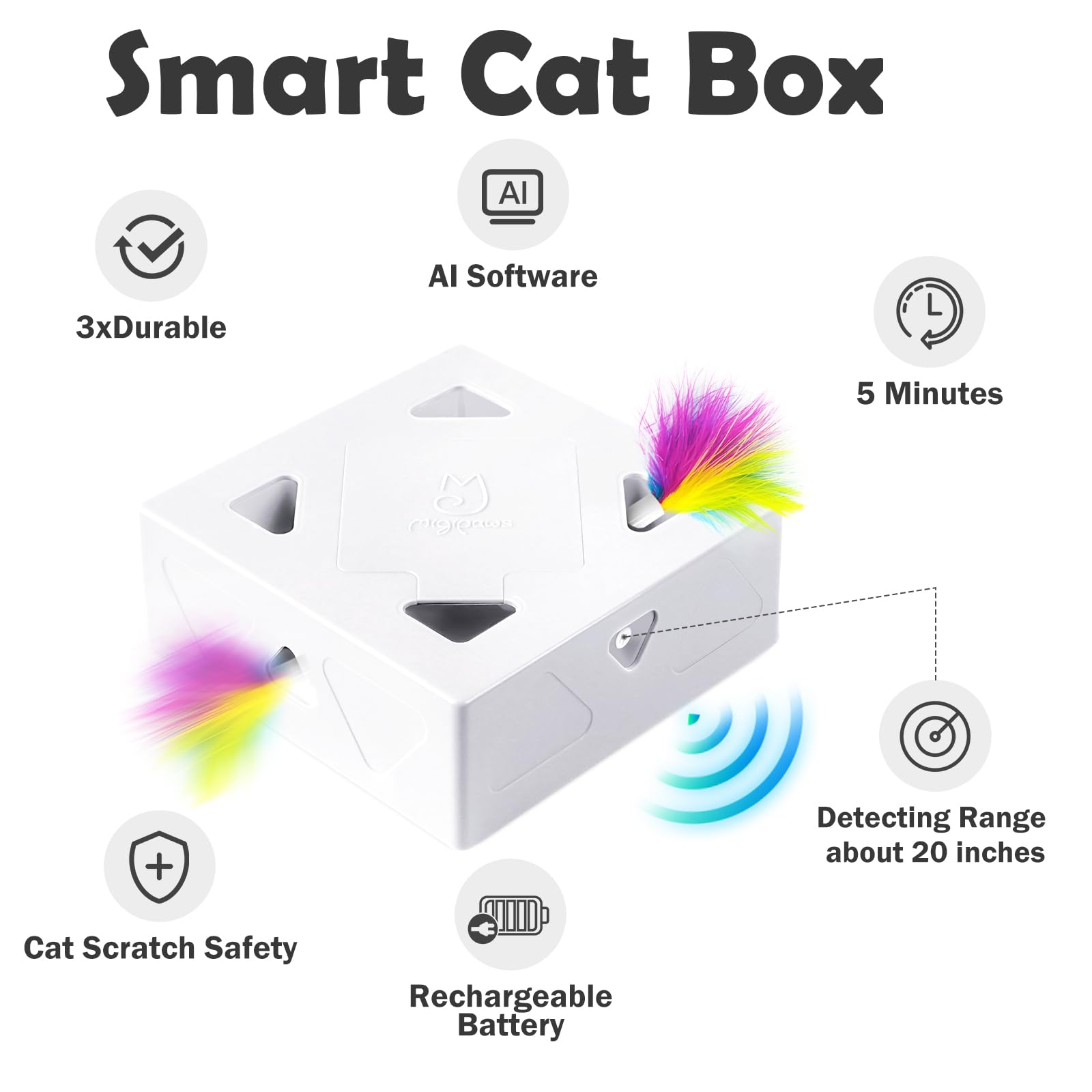 Migipaws Juguete interactivo para gatos blancos con bolsa de tela morada, juego de persecución de ratones alimentado por IA, sensor inteligente, recargable, duradero y divertido de pelota de bricolaje