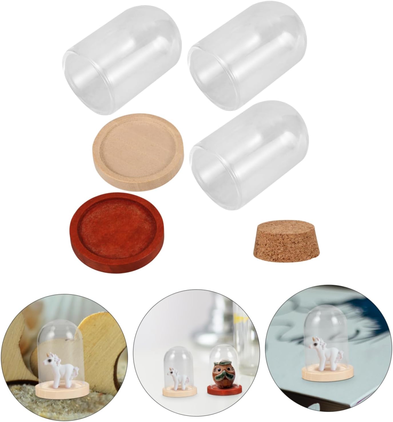 3 Sets Mini Glass Dome Display Case with Wood Base