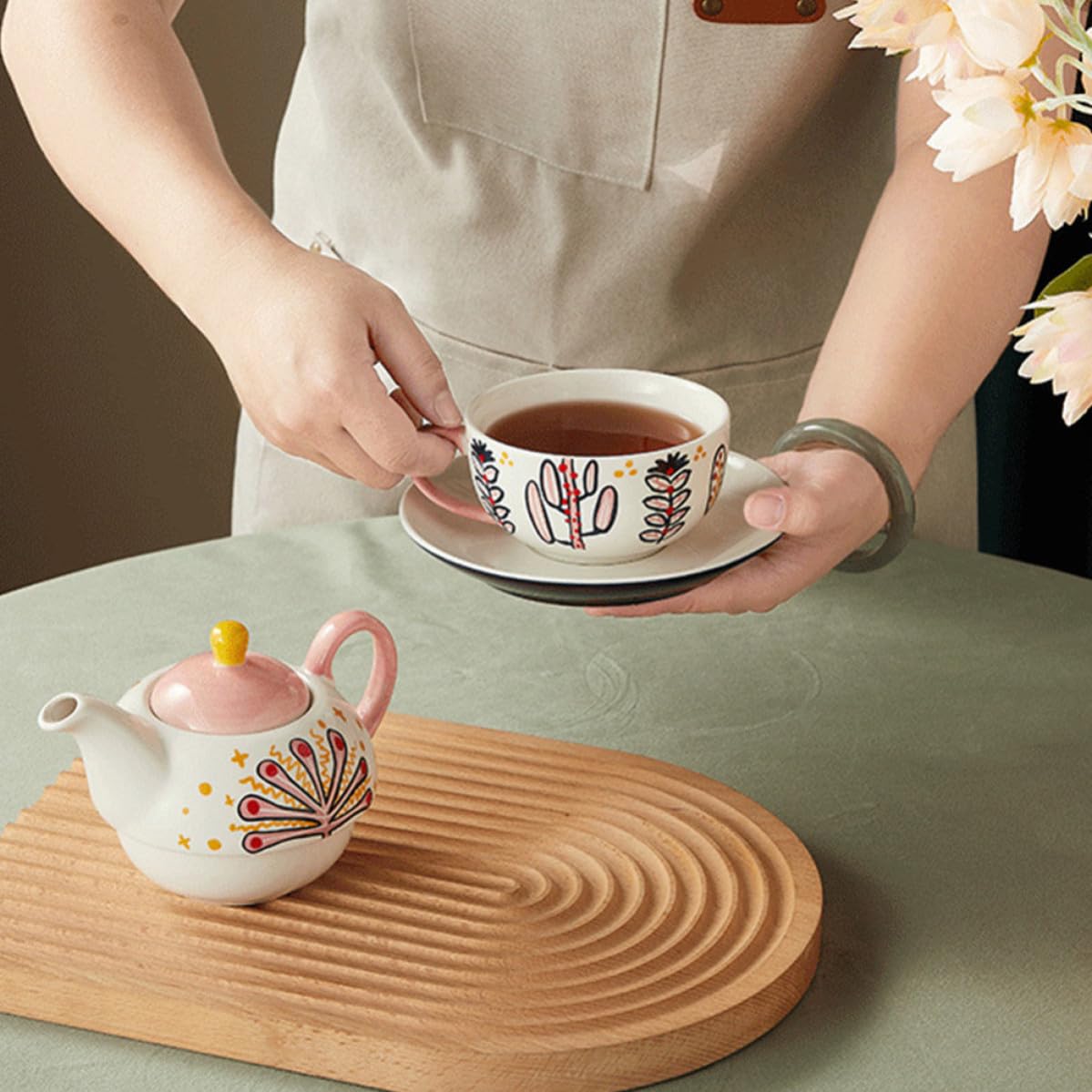 Juego de Tetera de Cerámica Rosa Reutilizable Taza y Bandeja