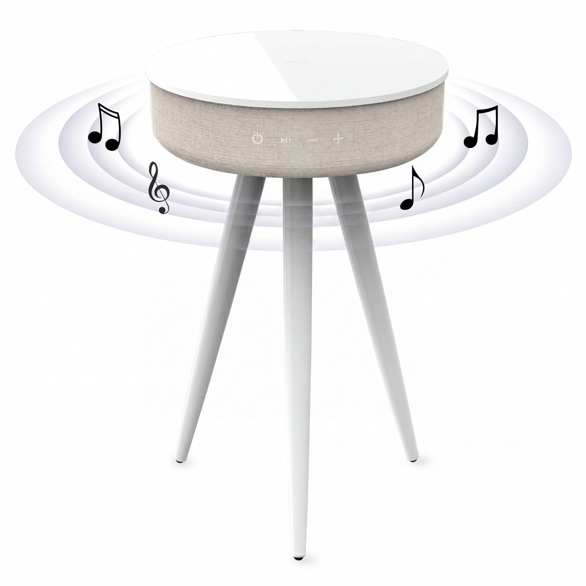 TD Systems - Mesilla Altavoz Bluetooth 30W con Carga Inalámbrica y USB, Mesa Auxiliar con Altavoz Integrado, Batería Recargable, Madera y Lacado Blanco para Salón y Dormitorio | SM30B11WB