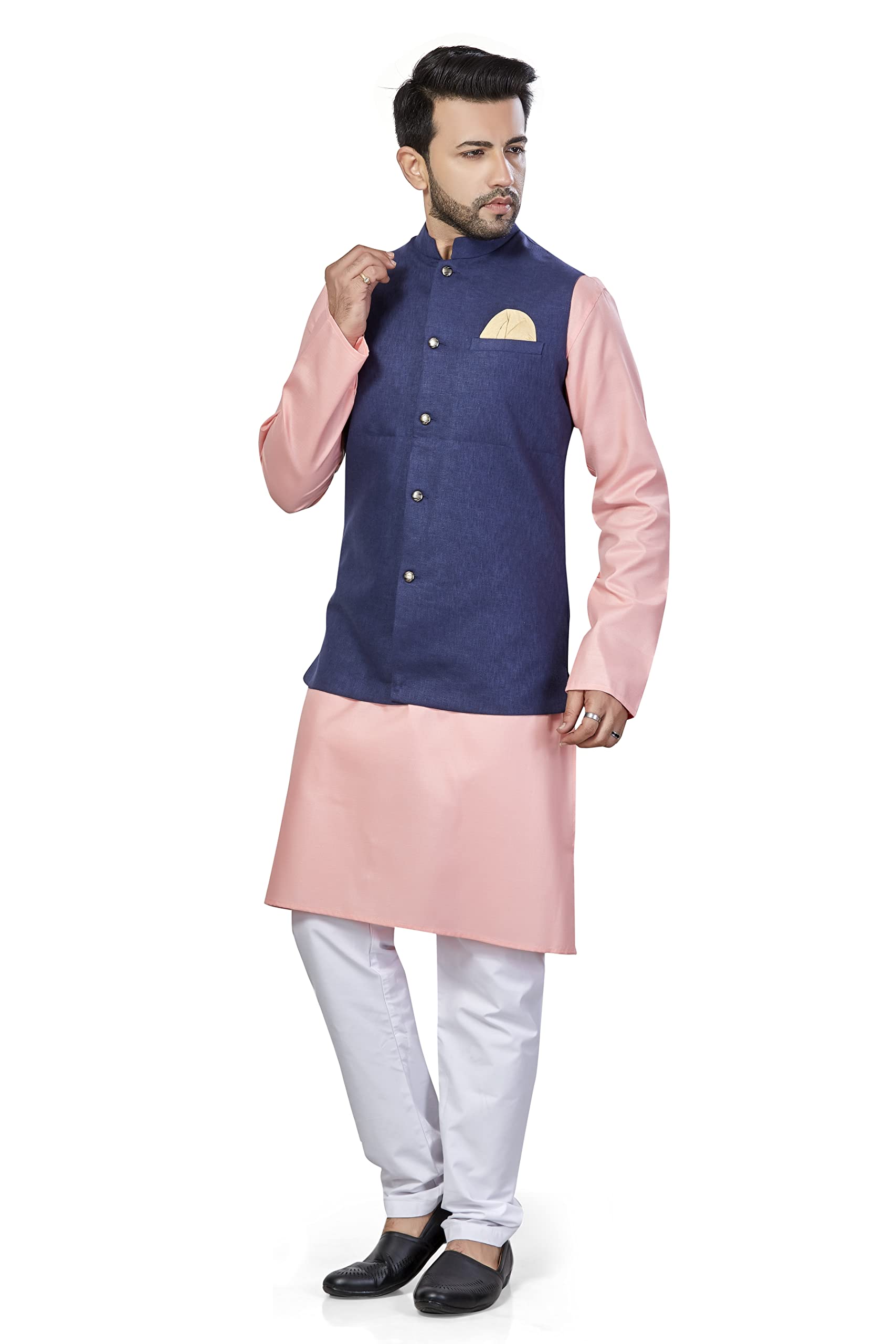 Be Active Men's Solid Linen Blend Kurta Pyjama 3 Piece Set || Men Kurta Pajama With Modi Jacket || Kurta Pajama Nehru Jacket For Men (Rfset0001-4-M)