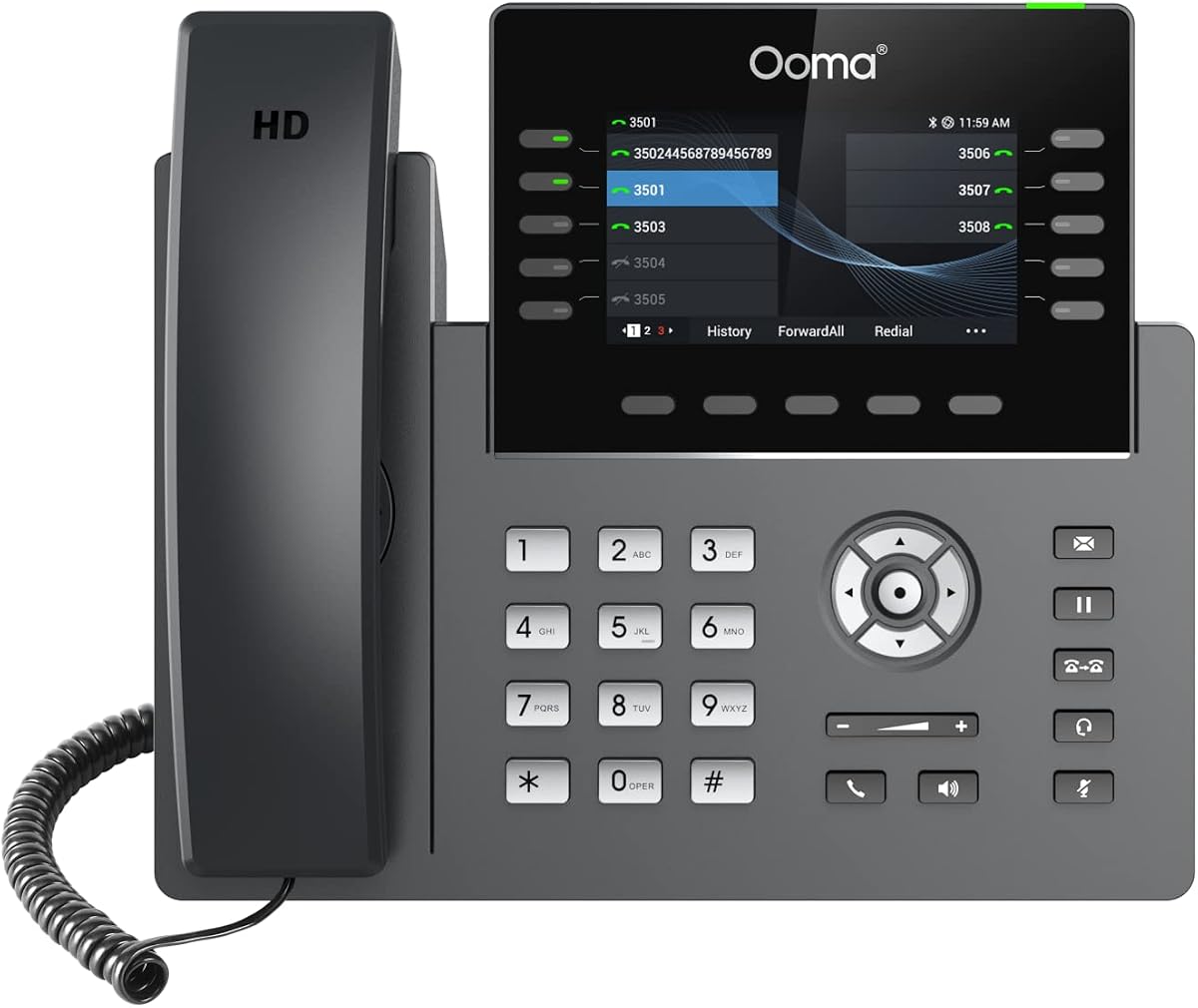 Ooma proporcionó un teléfono de escritorio IP empresarial con Wi-Fi de 2615 W. Funciona solo con el servicio telefónico de Ooma Office, la recepcionista virtual, la aplicación móvil y de escritorio y la videoconferencia. Se requiere suscripción (renovada)