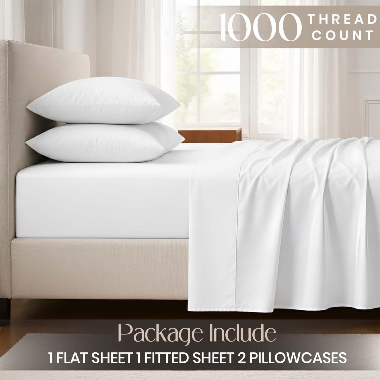 SGI bedding 100% Egyptian Cotton Sheets King Size - 1000 Thread Count Luxury Hotel Sheets, 18" Deep Pocket, Soft & Breathable 4-Piece White Sheet Set