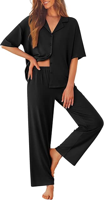 Ekouaer Women Pajamas Set Button Down Sleepwear Short Sleeve Pjs Soft Comfy Nightwear with Long Pants S-XXL