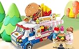SAN D'ORCIA Food Truck Van Toy Sale Modular Pizza Burger Shop Vehicles Restaurant, Hamburger Taco Truck with Display Shelf Car Buildings Set BUS,Boy and Girl kids 497PC
