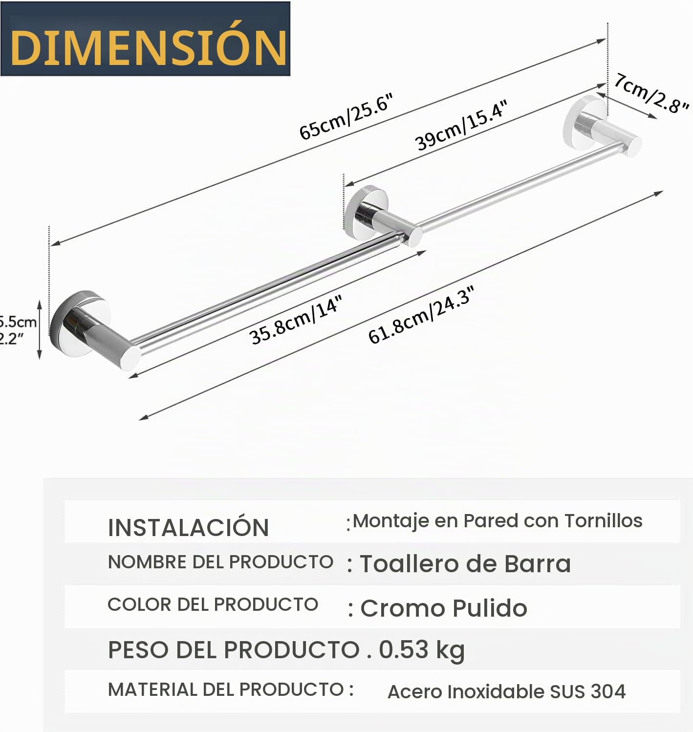 BESy - Toallero Ajustable de 40,4 a 72,6 cm para Accesorios de baño, Soporte de Toalla de Acero Inoxidable SUS304, Soporte de Pared con Tornillos, Barra de Toalla de Mano, Estilo Hotel, Cromo Pulido | SUS304 - Soporte de pared de acero inoxidable con torn