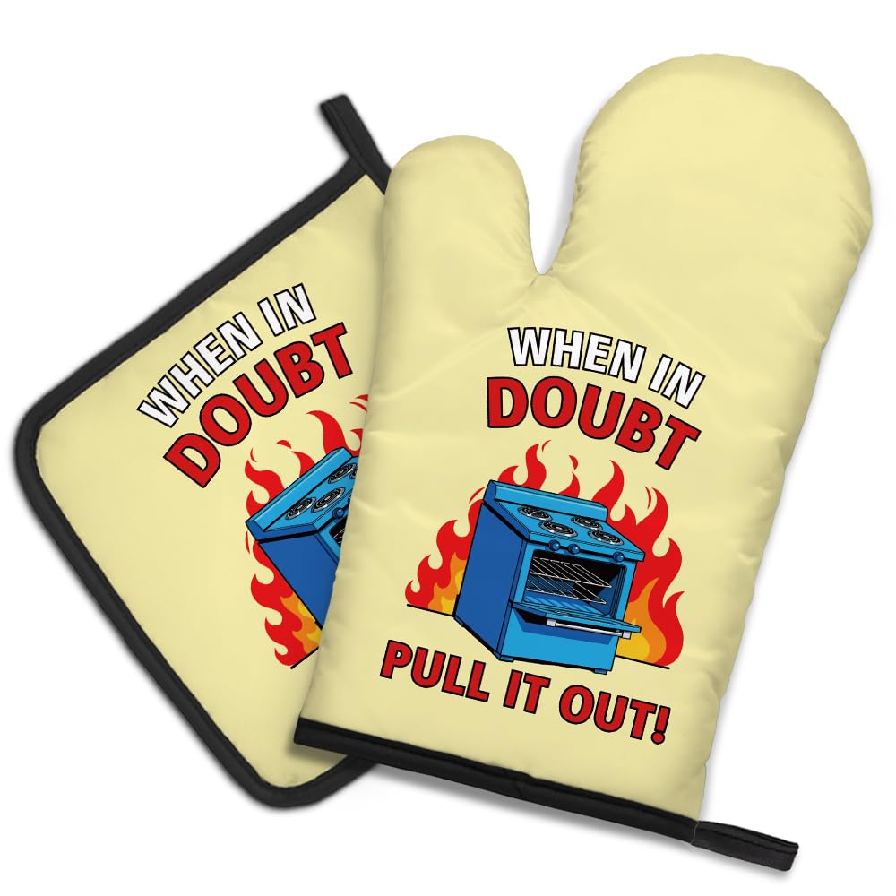DYJYBMY When in Doubt Pull It Out Divertido juego de guantes de horno y soporte para ollas para cocina, cocina, hornear, regalos de inauguración de la casa, regalos de cocina novedosos para mujeres