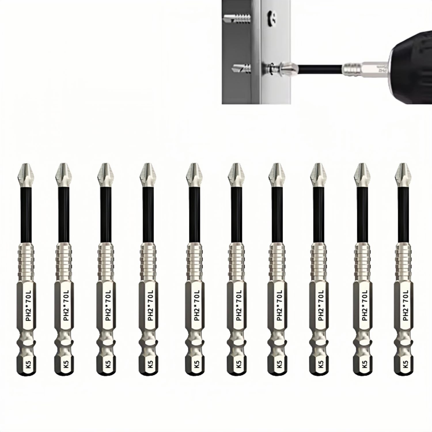 MiJunHD Impact Phillips Screwdriver Drill Bit Set K5 High Magnetic Anti Slip PH2 Screwdriver Bits 1/4 inch 6.35mm Hex Shank Cross Screwdrivers 10Pcs 70mm