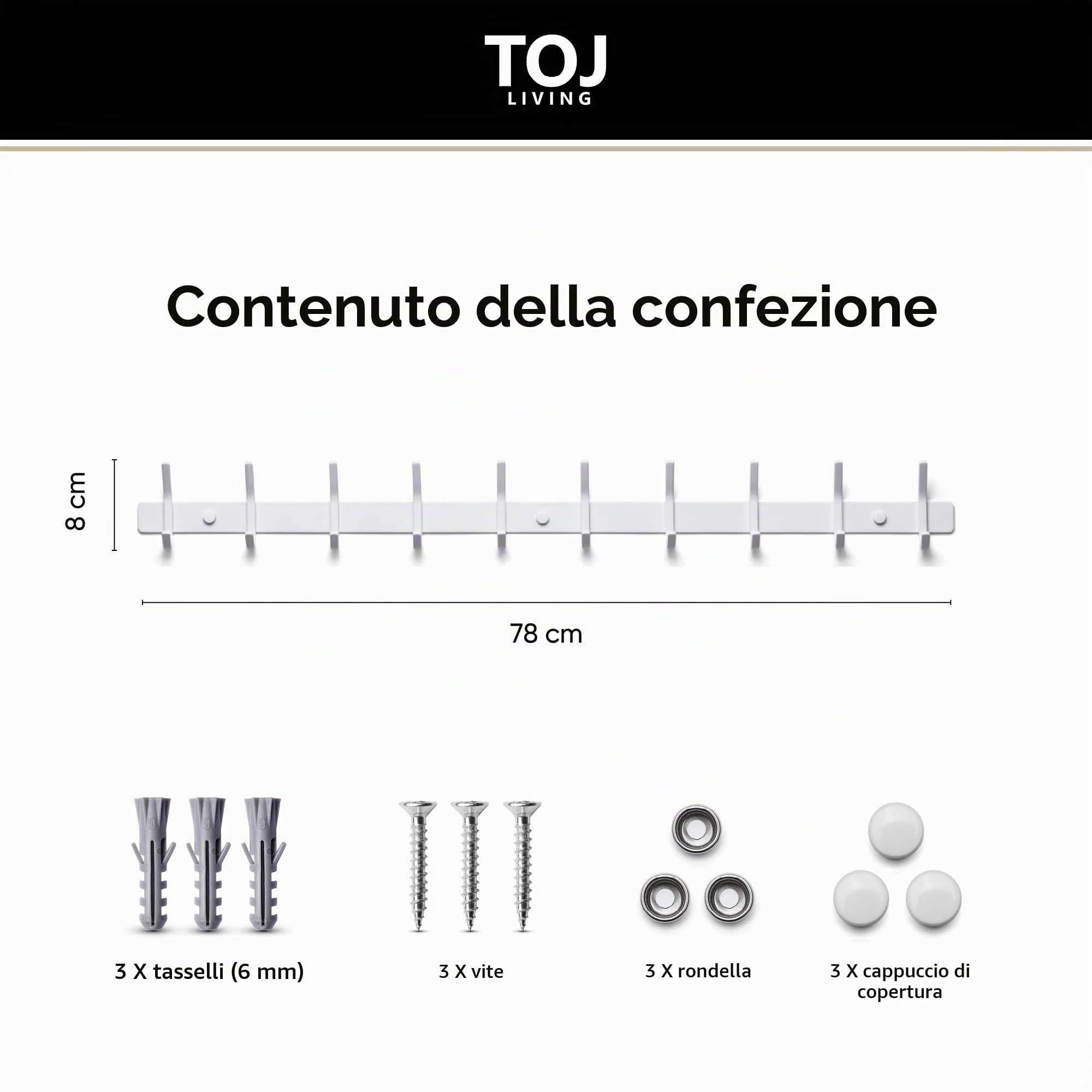 TOJ Living Appendiabiti da parete – 78 cm – 20 ganci – Appendiabiti – Appendiabiti – Appendiabiti – Appendiabiti da parete – Bianco – Appendiabiti da parete – Gancio appendiabiti – Acciaio