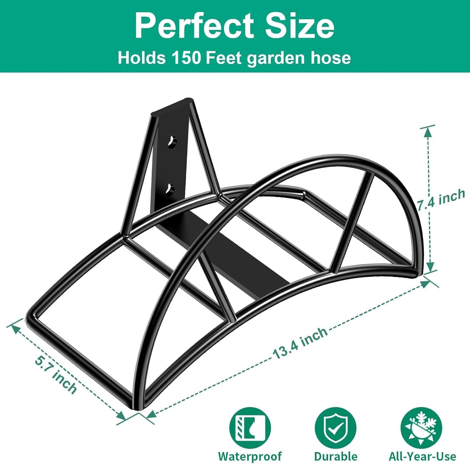 TomCare Soporte de manguera de jardín para montaje en pared, soporte resistente para manguera de agua de 150 pies, colgador de manguera de metal, carrete de manguera duradero, organizador de
