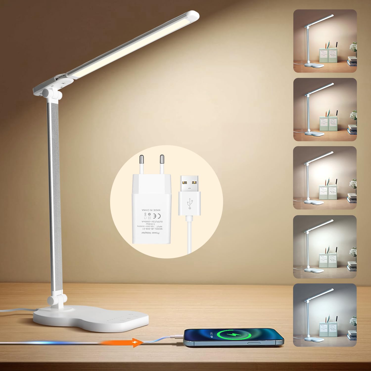 Lampe De Bureau LED à Double Bras - 5 Couleurs, 10 Niveaux De Luminosité, Minuterie 45 Min, Port USB - Noir - 7