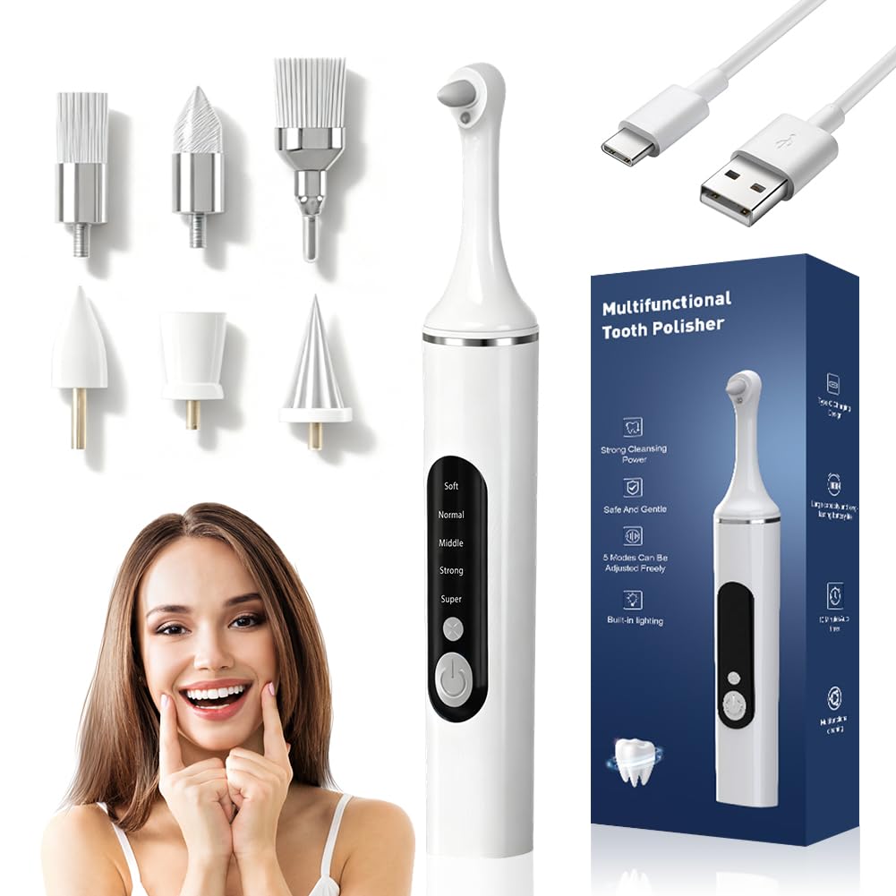 Limpiador de sarro con 5 cabezales, pulidor de dientes, juego profesional de limpieza dental con 5 modos para limpieza dental y blanqueamiento de dientes, para pulir después de la limpieza dental