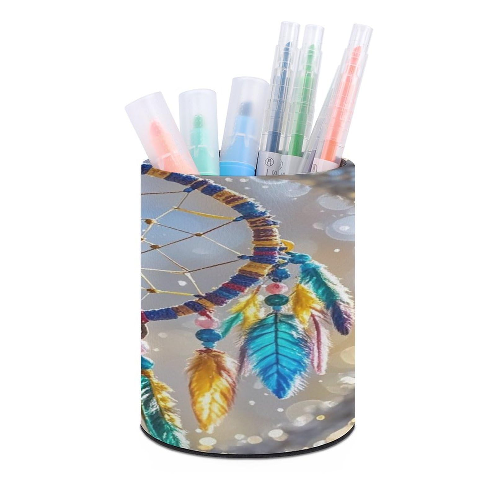 FekiLoot Round Cherry Dream Catcher Pen Holder for Desk PU Leather Waterproof Pencil Cup Stand Minimalist Makeup Brush Storage Organizer Desktop Stationery Container Accessorires