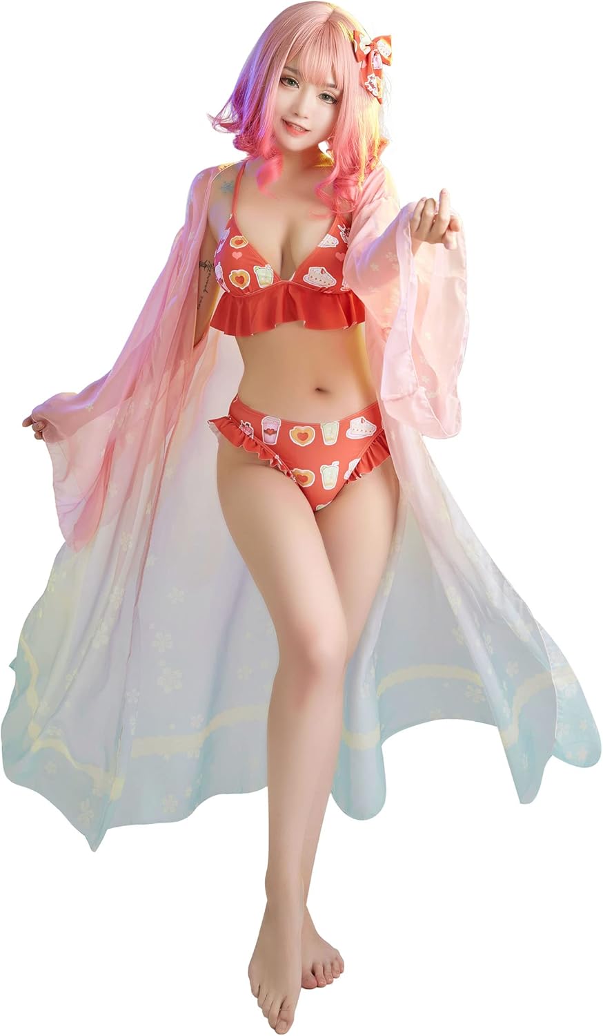 Micotaku Womens Bikini Sets Three Piece Swimsuit Kawaii Bathing Suit with Cover up and Hair Clip