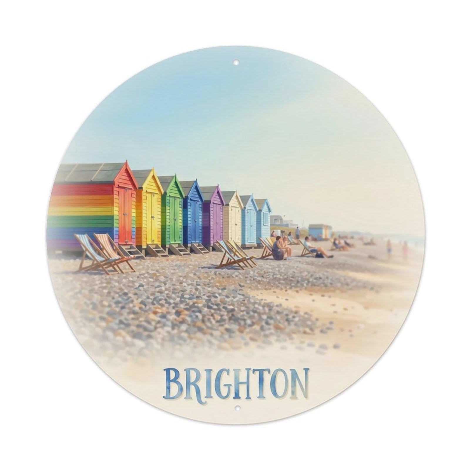 Brighton Beach Huts Colorful Vintage Travel Seaside Cityscape Metal Tin Sign Plaque Wall Decor for Cafe, Man Cave, Club Bar, Office, Home Garden Round Metal Poster 8x8Inch