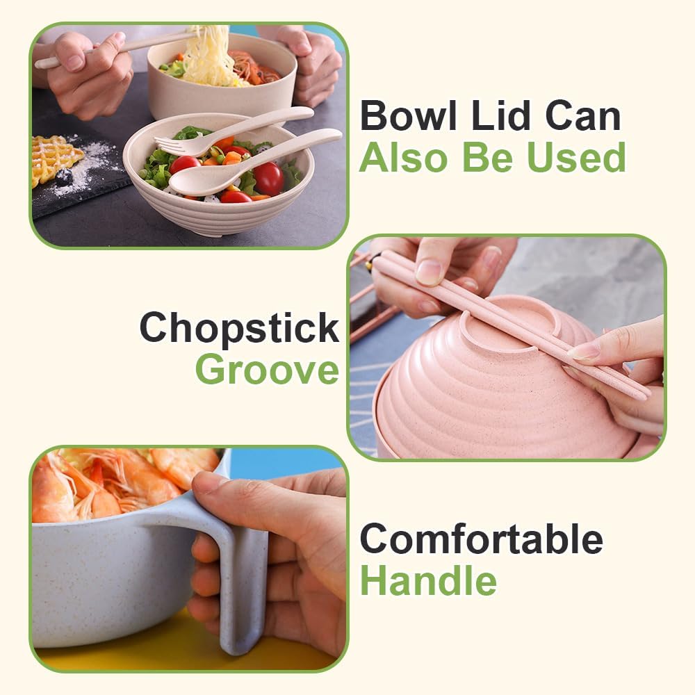 Microwave Ramen Bowl, 2026 Upgrade Wheat Fiber Portable Instant Noodle Cooker Bowl with Handles Strainer Spoon Chopstick Fork College Dorm Room Apartment Essentials (Pink)