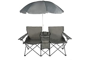 Double Folding Camping Chair with Umbrella, Fold Up Table, Beverage Holder, Carrying Bag and Cooler