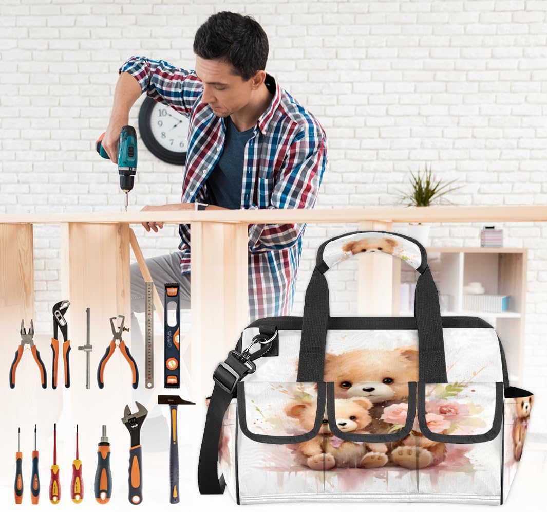 Valentine's Day Funny Bear Tool Bag with Multi-Pockets Wide Mouth Tool Tote Bag for Women and Men Waterproof Tool Organizer Storage Bag with Adjustable Shoulder Strap and Ergonomic Handle