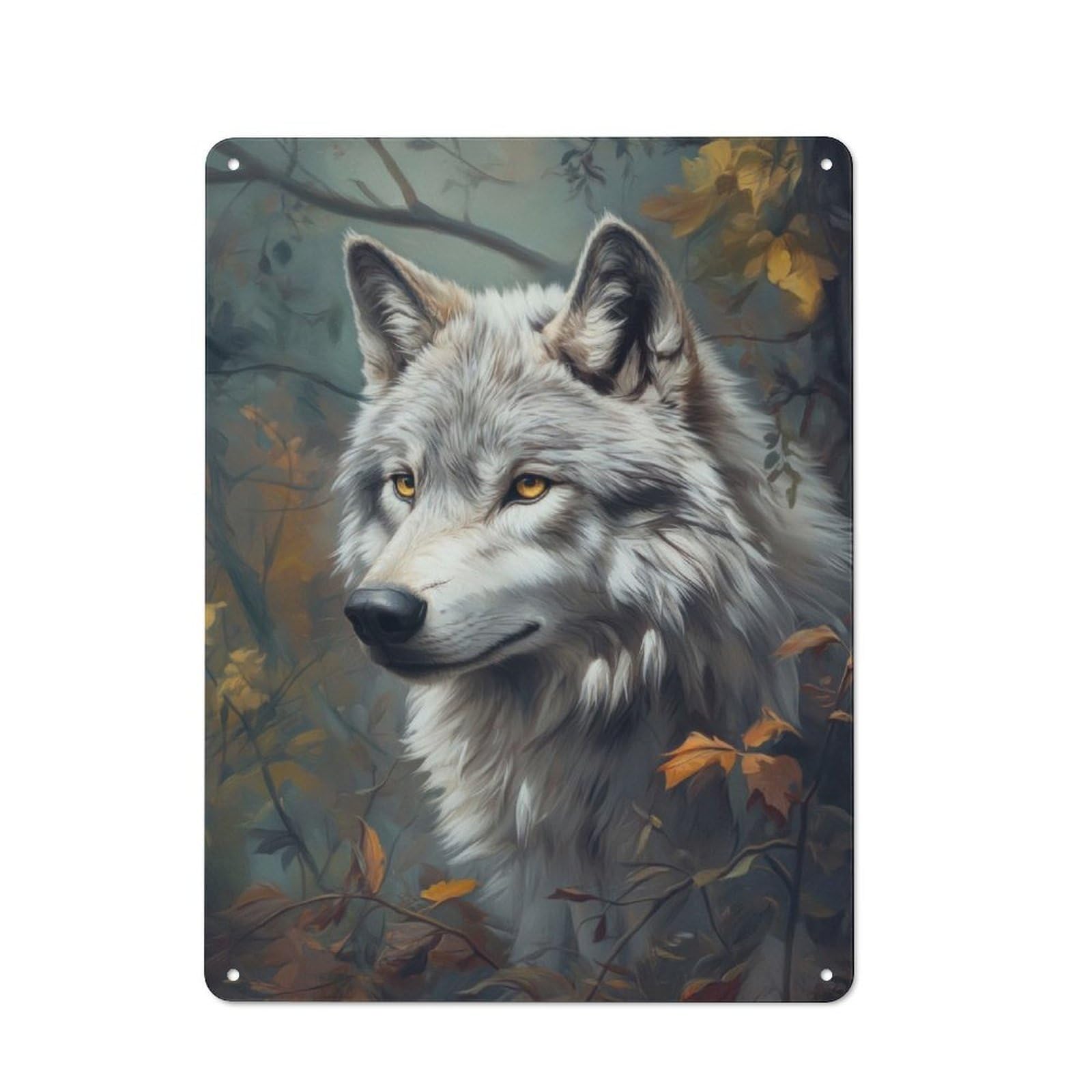 Junmoney Wolf In Autumn Forest Vintage Metal Plaque 40X30cm Featuring For Home Bar Wall, A Metal Wall Feature For Home Bars And Entertaining Spaces