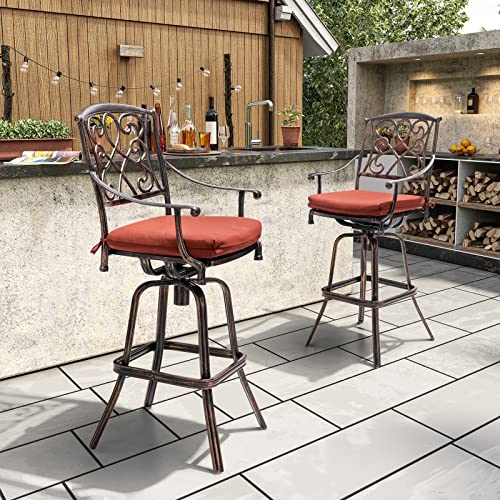 Crestlive Products Heavy Duty Cast Aluminum Frame & Sunbrella Fabric Cushion Counter Height Swivel Bar Stool All Weather Patio Furniture In Antique Brown Finish For Outdoor Indoor, 2 Pcs (Red) #TOP20