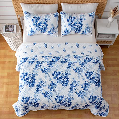 Great Bay Home Bedding Set, 3 Piece Reversible Lightweight Quilt Comforter With 2 Shams, All-Season, Modern, Flower Bedspreads, Blue Floral Coverlet Sets, Jacqueline Quilts Collection, Full/Queen #TOP3