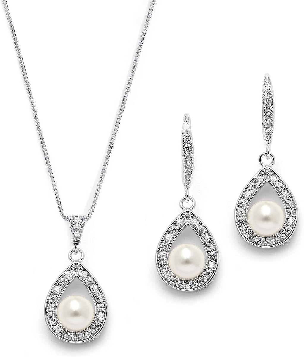 Mariell Pearl Necklace and Drop Earrings Wedding Jewelry Set for Brides, Bridesmaids, Birthday Gift