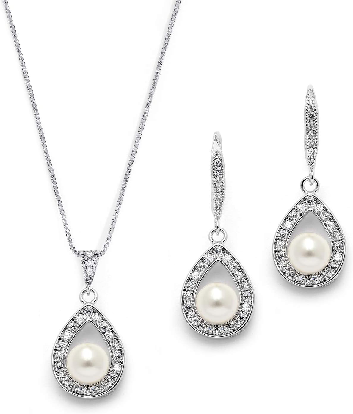Pearl Necklace and Drop Earrings Wedding Jewelry Set for Brides, Bridesmaids, Birthday Gift
