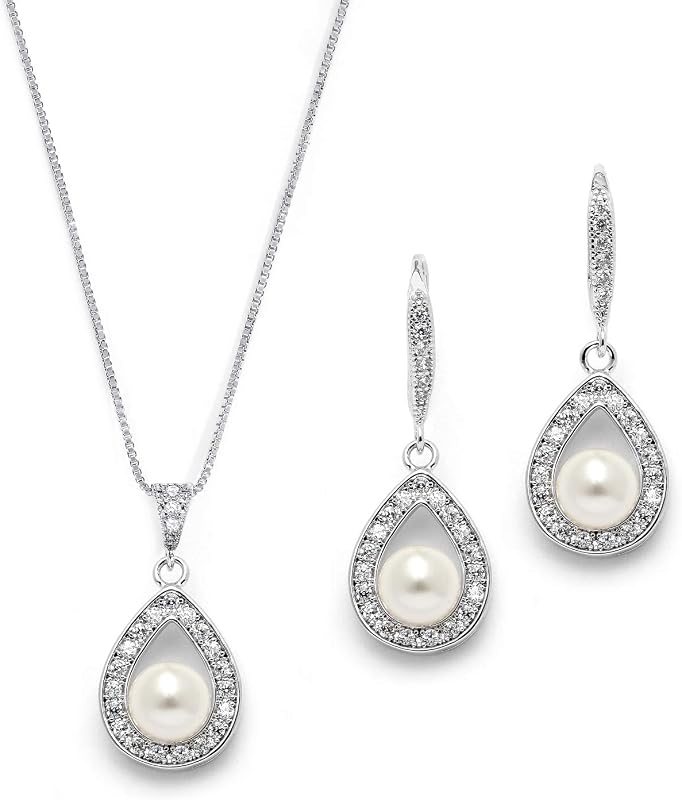 Mariell Pearl Necklace and Drop Earrings Wedding Jewelry Set for Brides, Bridesmaids, Birthday Gift