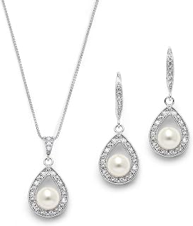 Pearl Necklace and Drop Earrings Wedding Jewelry Set for Brides, Bridesmaids, Birthday Gift