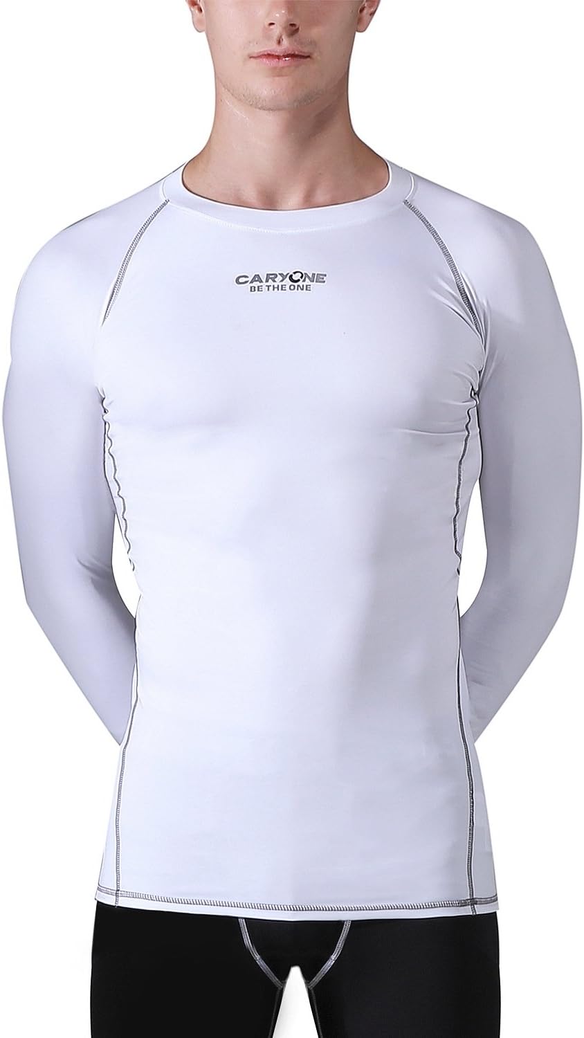 Mens Fast Dry Breathable Long Sleeves Compression T Shirt, Cycling Workout Baselayer Underlayer White