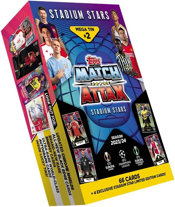 Topps Match Attax 23/24 - Mega Tin 3 - contains 66 Match Attax cards plus 4 exclusive Stadium Stars Limited Edition cards
