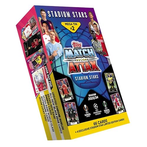 Topps Match Attax 23/24 - Mega Lata 2 - Contiene 66 Cartas Match Attax más 4 Cartas Stadium Stars exclusivas de Edición Limitada