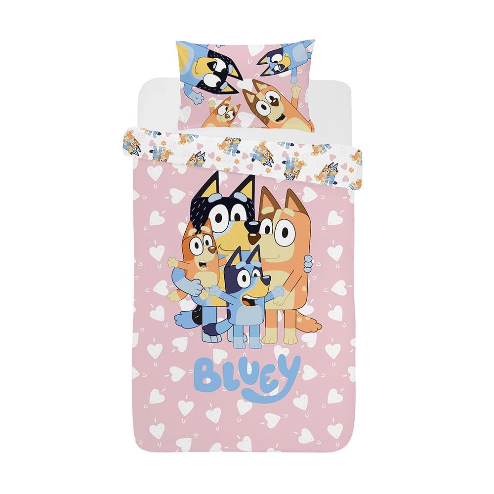 dreamtex Bluey I Love U Single Duvet Cover and Pillowcase Set for Kids, Children's Bedroom(, Nursery with Hearts in Pink SP3-BLU-ILU-12)