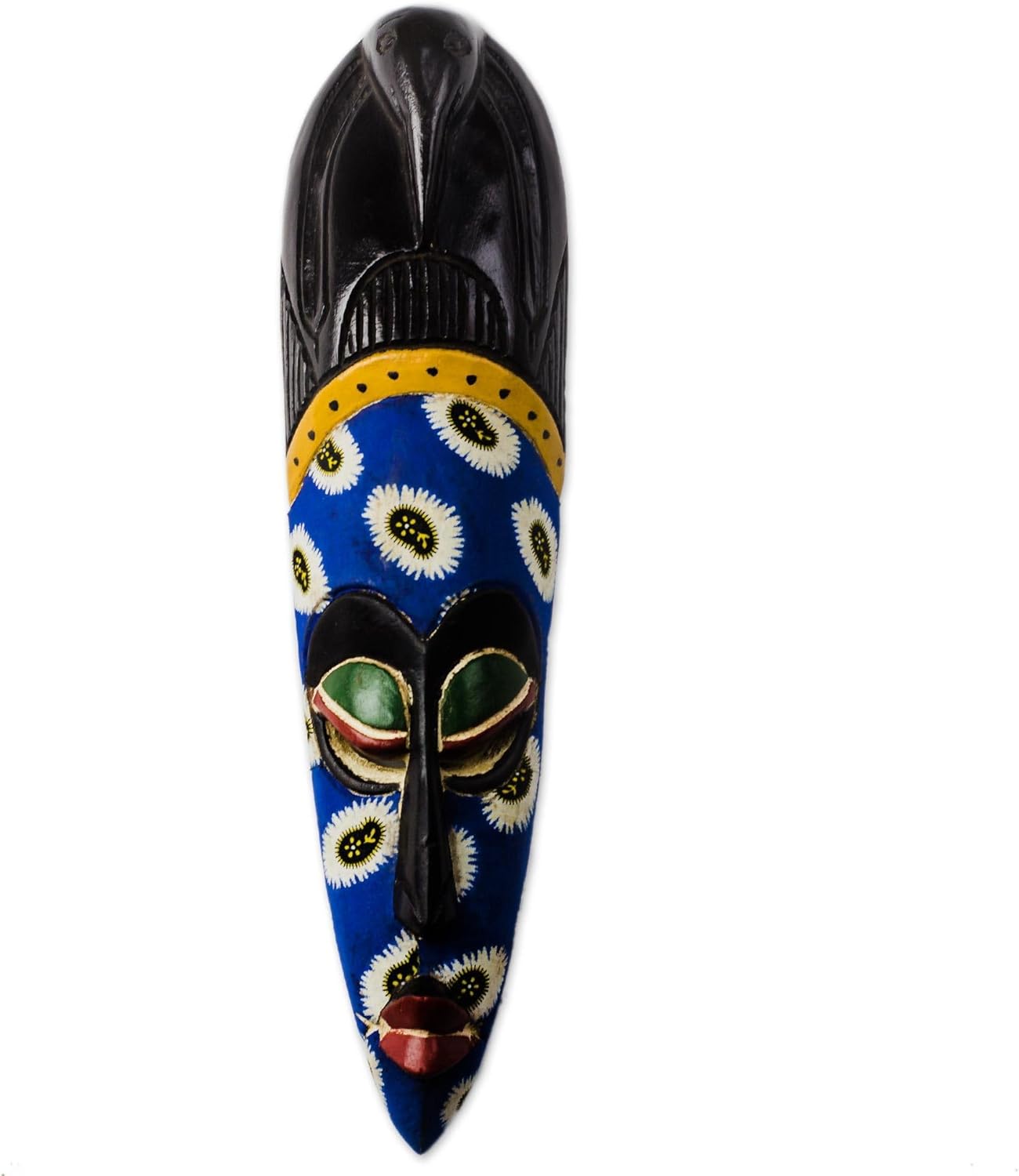 NOVICA Artisan Handmade African Wood Mask Cotton Accented from Ghana Multicolor Woodcotton Masks Floral Ghanaian Animal Themed Bird [20in H x 5in W x 2.8in D] ' Floral Face'