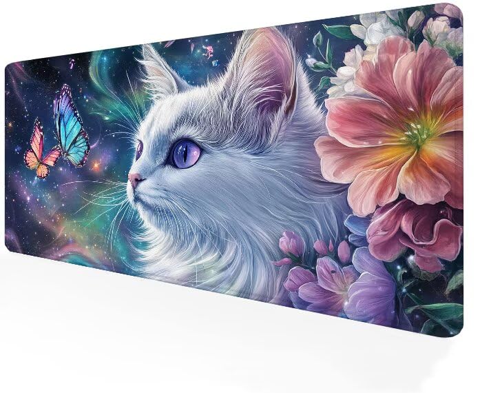 Tapis de souris XXL chat 900x500mm en caoutchouc blanc pour bureau