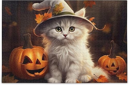 Rompecabezas de bruja de gato en sombrero de Halloween, rompecabezas para adultos, con letras en la parte posterior, rompecabezas de 1000