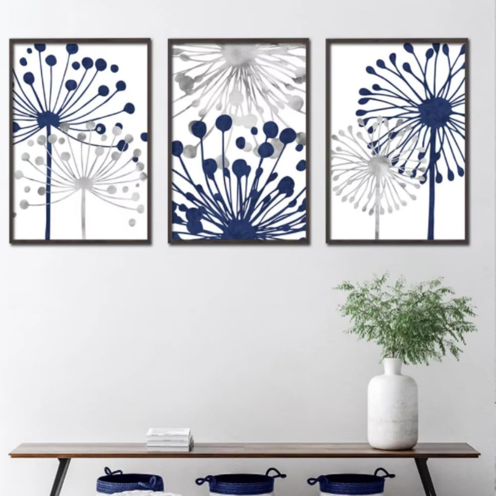 Hurcp Blue, Grey Set Of 3 Canvas Poster Navy Blue White Grey Abstract Floral Dandelions Images Wall Art Painting Gift Bedroom Living Room Dorm Gallery Corridor Decor Picture,A2 (42X60cm)