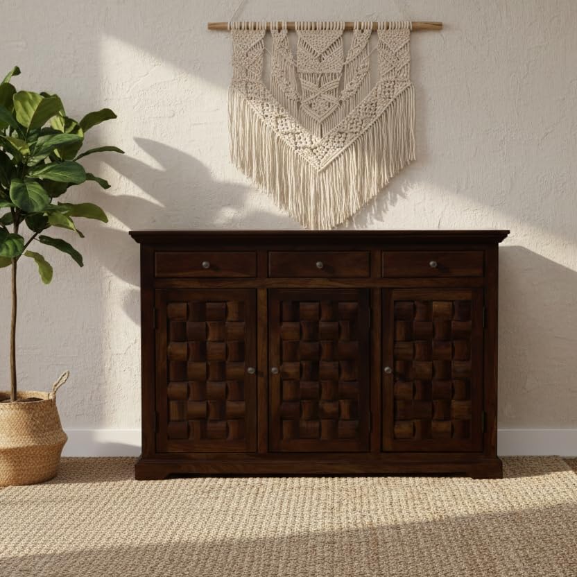 ANGEL FURNITURE Solid Sheesham Wood Niwar Design Sideboard 3 Door 3 Drawer-image-8