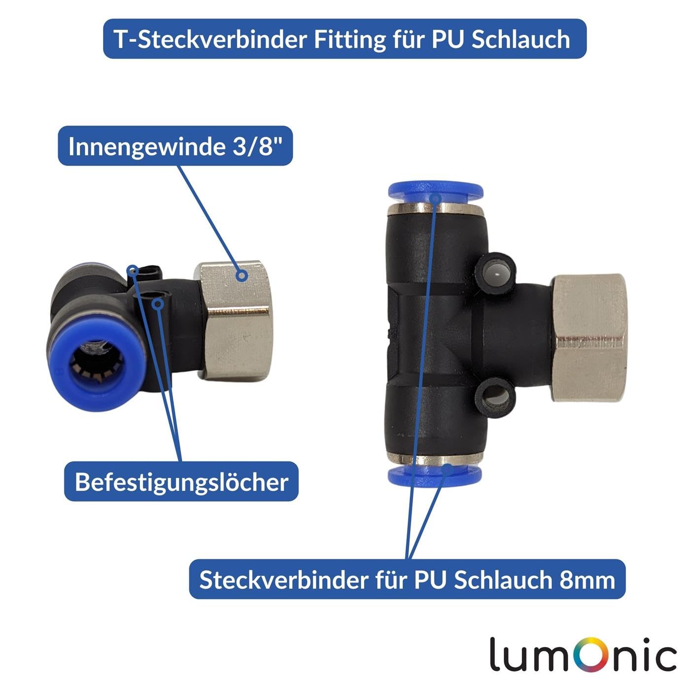 Lumonic 20x I Manguera de PU Racor en T con rosca hembra I 8mm*3/8inch I Pieza en T I Push-in I Conector neumático I Distribuidor en T I Aire comprimido