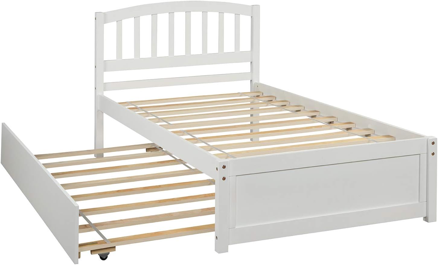Twin Bed Frame, Twin Bed with Trundle, Twin Platform Bed with Pull Out Trundle, Wood Twin Bed Frame with Headboard for Kids Teens Boys Girls Adults, No Box Spring Needed, Easy Assembly, White