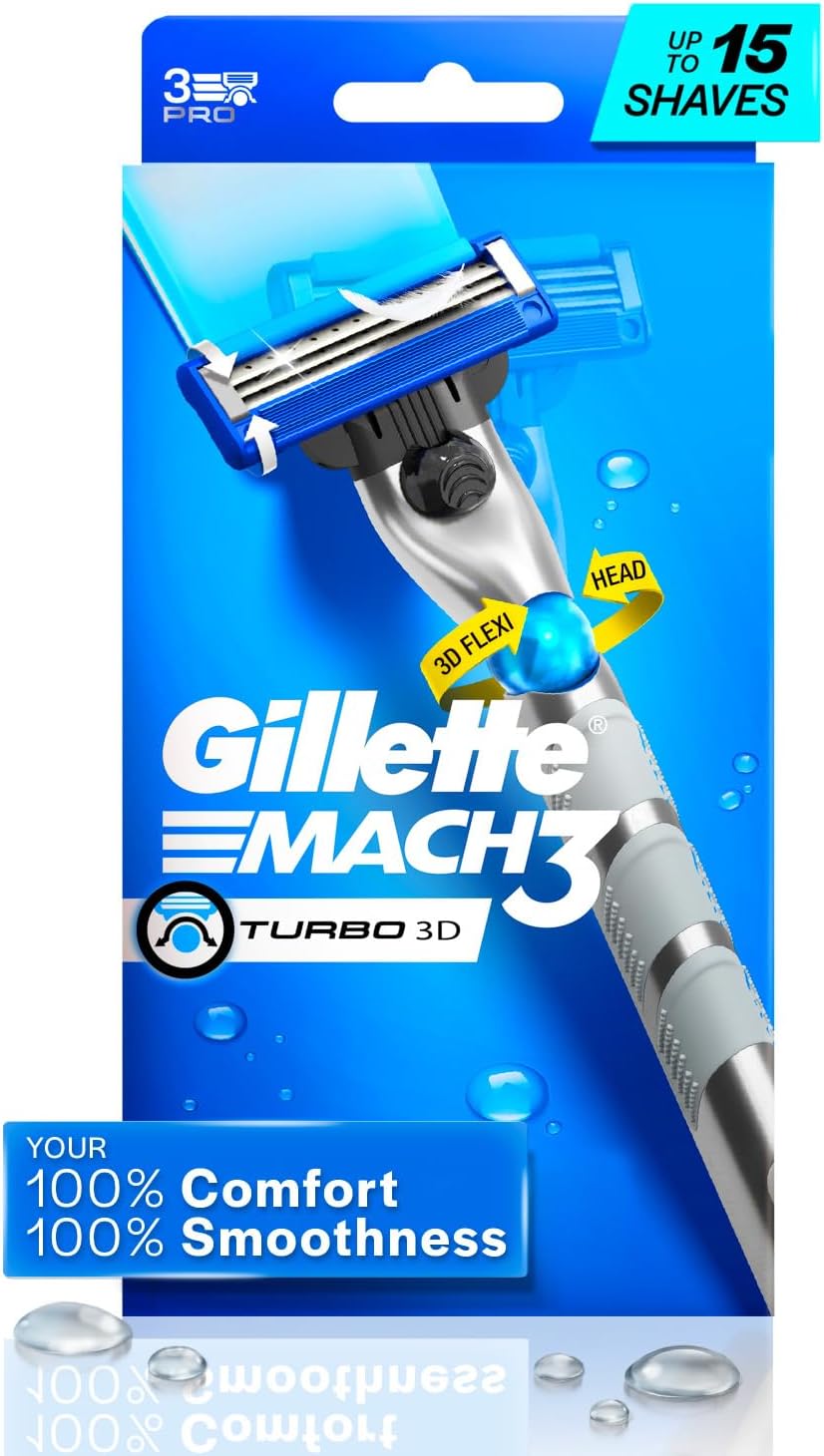 Gillette Mach 3 Turbo Shaving Razor For Men | Most Comfortable Shave | With 3D Flexi Head That Adjusts To Your Face