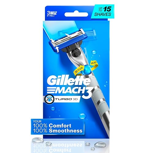 Gillette Mach 3 Turbo Shaving Razor for Men | Most Comfortable shave | Flexiball & Dynamic Pivot for Safe shave | Anti-Friction Blades & Lubricating Strip for smooth shave and sensitive skin