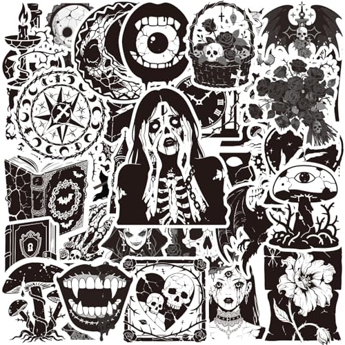 ZyvSyldrin 50PCS Goth Stickers Packs Black White Gothic Stickers for Adults Teens Waterproof Vinyl Decals Packs for Water Bottles Laptop Scrapbook Suitcase Skateboard Snowboard Luggage