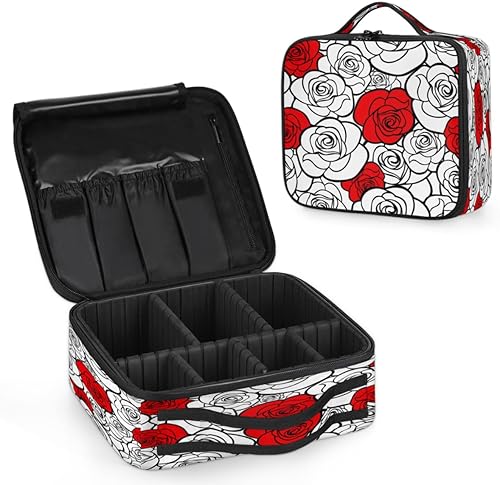 Bolsa de maquillaje de viaje para mujer, grande, cuadrada, portátil, profesional, de tren de coqueta, estuche cosmético con asa estampado de rosas,