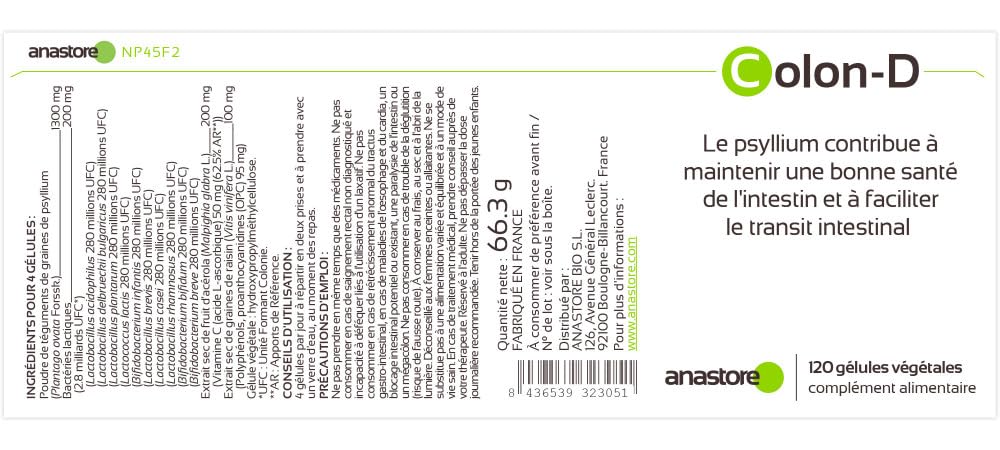 COLON-D ◉ 450 mg / 120 gélules ◉ Bactéries Lactiques, Psyllium, Raisin et Acérola ◉ Digestion