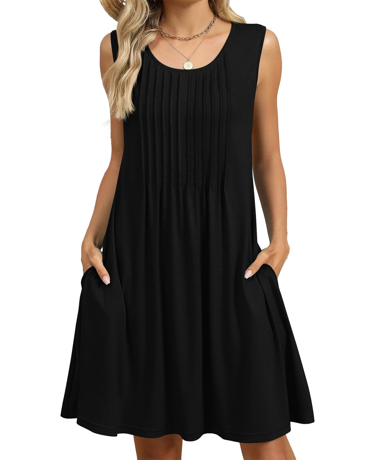 PICKLION Damen Sommerkleid Strandkleid Kleid Boho Sommer Leicht Kleider Midi Ärmellos mit Taschen S-2XL